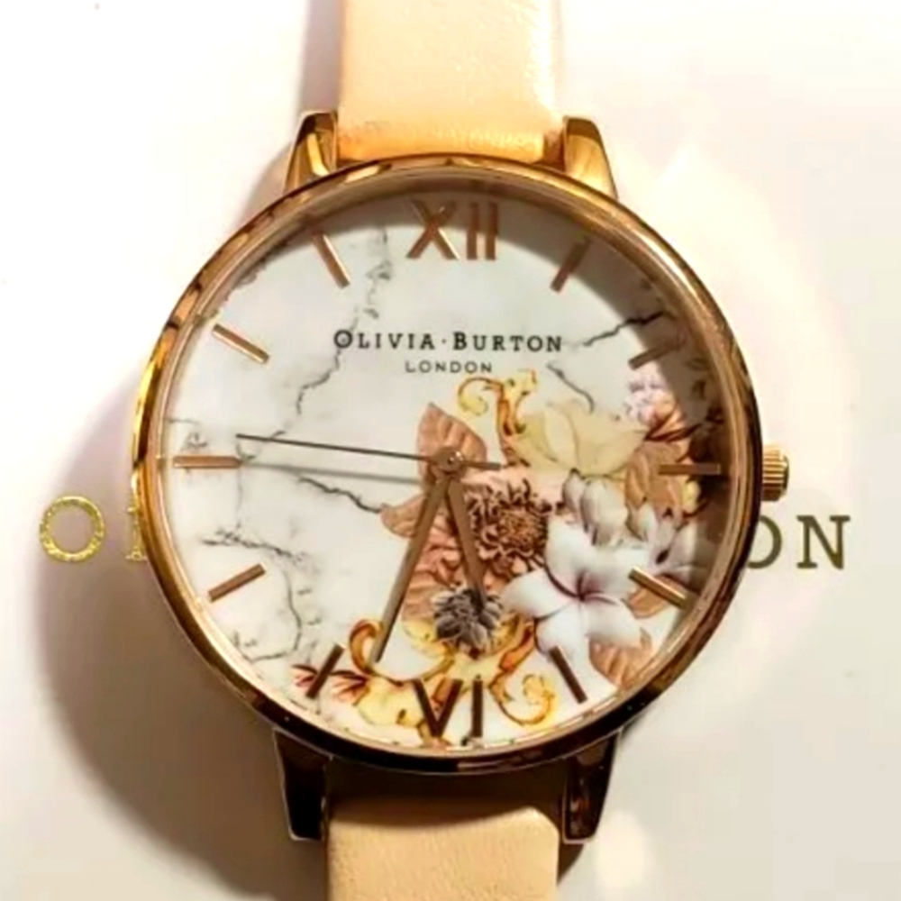 Olivia Burton London Marble Florals Rose Gold/Peach Leather Watch